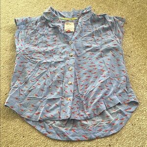 Anthropologie Blue Shirt with Red Fish Pattern